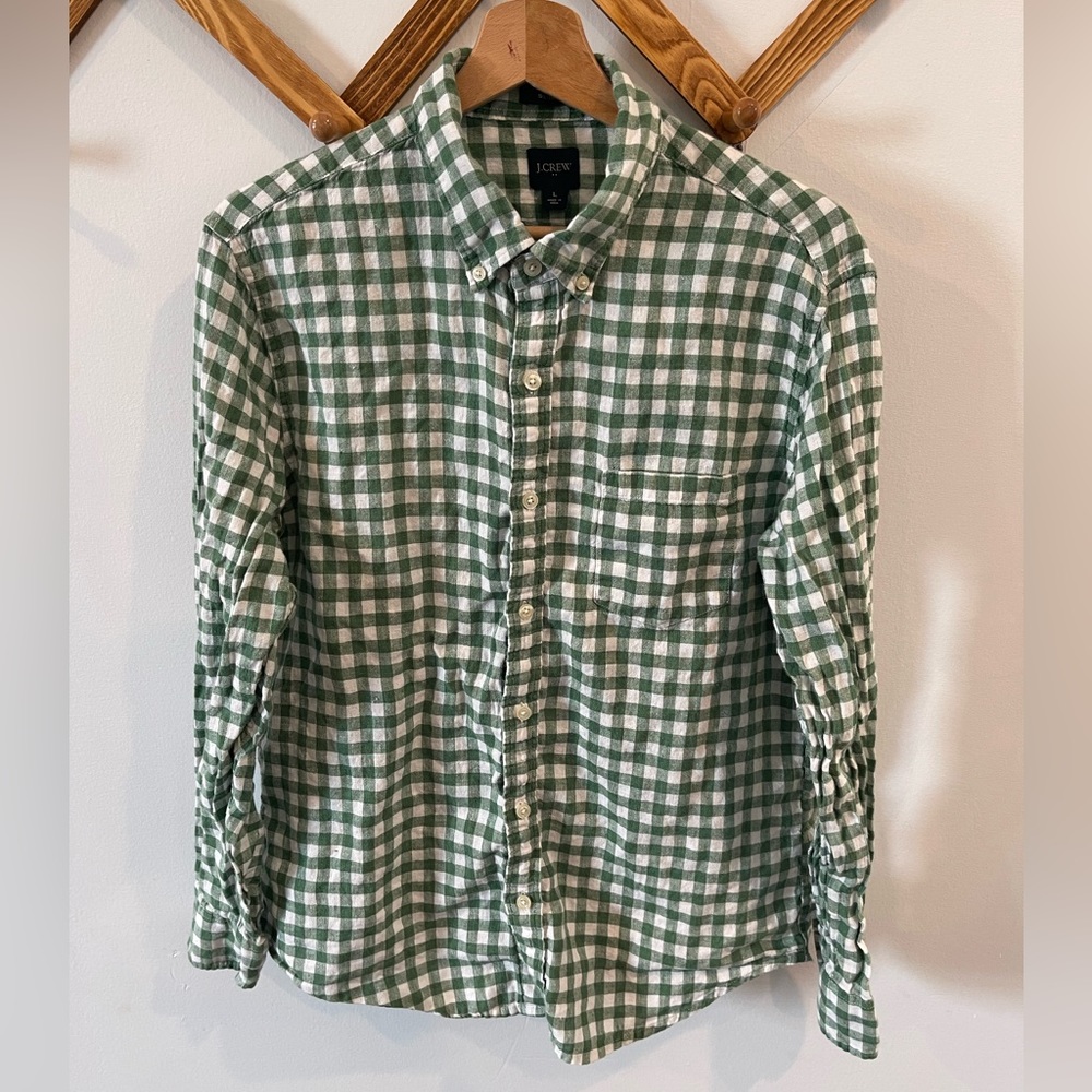 J. Crew - Slim Fit Shirt - Button Down Collar - Large - Green & White Checker